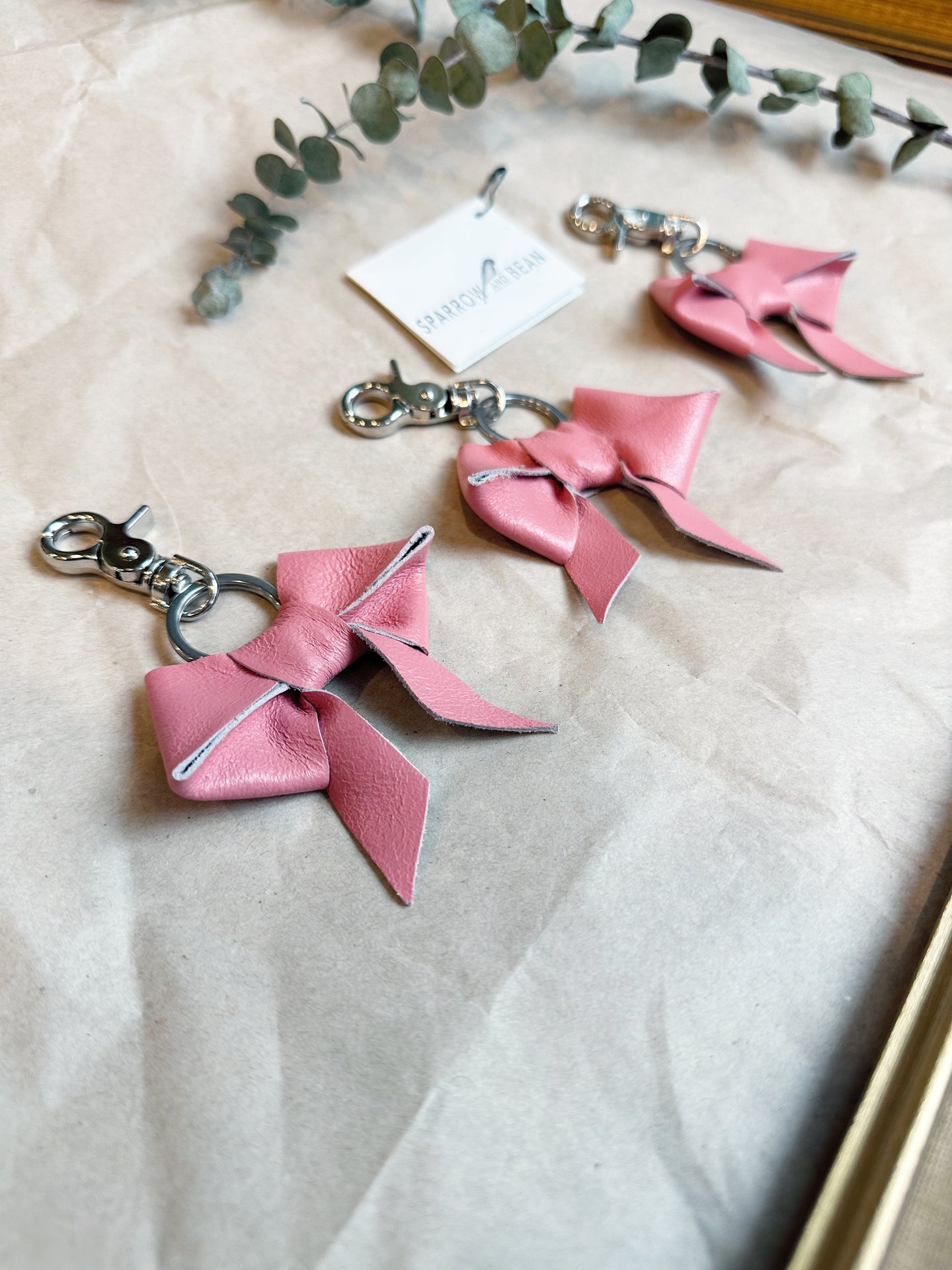 Pink leather bow keychain