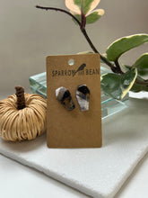 Load image into Gallery viewer, Coffin earrings black, white and granite w/ gold flakes &amp; resin top
